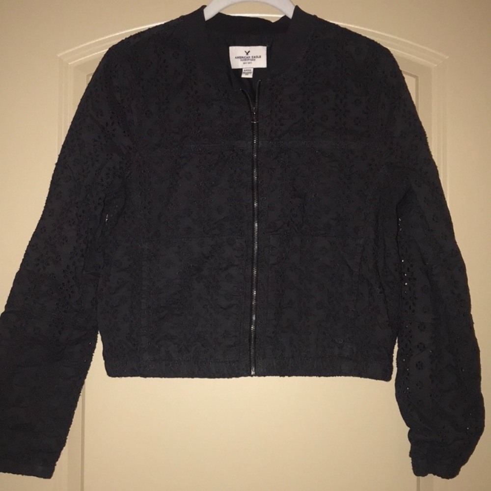 American Eagle dark gray eyelet lace bomber jacket